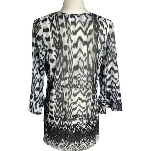Susan Graver Womens Tunic Top Sheer Animal Print Keyhole Black White Small - Picture 2 of 10